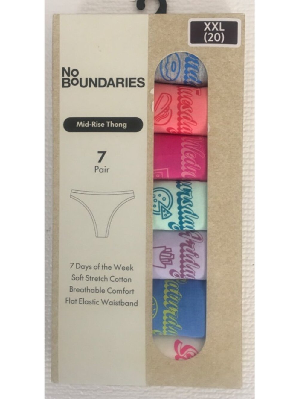 No Boundaries 7 Pairs Mid Rise Thong Underwear Size XXL 7 Days of The Week New